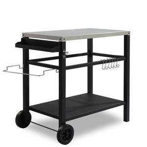 Carrello Multifunzionale in Acciaio Inox con Griglia Piana, Tavolo da Lavoro Mobile per BBQ, Due Ruote, Ganci e Accessori per Preparazione Cibo - Product Image 1