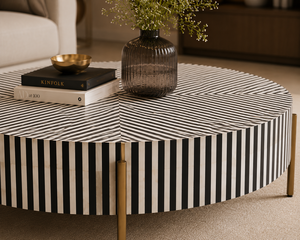 Table basse ronde moderne faite à la main, noire et blanche, en bois, meuble d'appoint pour salon - Product Image 2