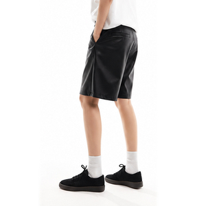 Men's Black <b>PU</b> Coated Bermuda Leather <b>Shorts</b> Mid Waist Casual Style With Pockets Breathable Woven Fabric Men's Leather Jhort - Product Image 3