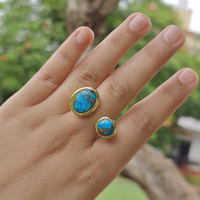 Bague ajustable en cuivre plaqué or 18 carats avec turquoise, double pierre en laiton massif, anneaux ouverts à l'avant, unisexe, pour usage quotidien, bijoux en gros