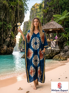 Vestido Kaftán Boho Tie Dye Personalizado para Mujer, Manga Murciélago, Largo hasta el Tobillo, Traje de Playa, Ropa de Verano para Resort, Fabricante OEM ODM - Product Image 6