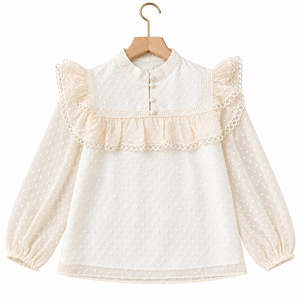 Blusa Elegante de Mujer con Puntos Suizos, Hombros con Volantes en Capas y Ribete de Encaje, Manga Larga para Otoño, Ideal para Ropa de Trabajo y Tiendas de Moda - Product Image 6