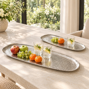 Elegant Silver Aluminium Oval Serving Tray Hammered Textured Design with Raised Rim | Decorative Dining Table Serveware <b>Platter</b> - Product Image 4