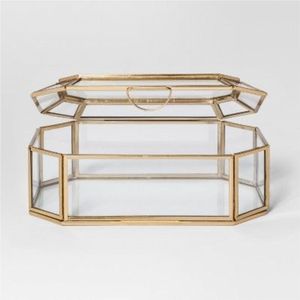 Vintage Gold Brass Octagon <b>Glass</b> Jewelry <b>Box</b> Geometric Clear Keepsake Organizer Decorative Trinket <b>Box</b> for Wedding Home Decor - Product Image 2