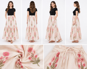 Ensemble jupe longue évasée à volants et haut en coton décontracté pour femme, motif floral, de haute qualité, écologique, style bohème, deux pièces, tenue de détente - Product Image 3