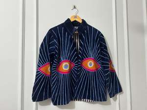 Blouson bomber en velours tricoté brodé Suzani rose, respirant, écologique, style hippie vintage, chaud pour l'hiver, motif floral, cadeau - Product Image 3