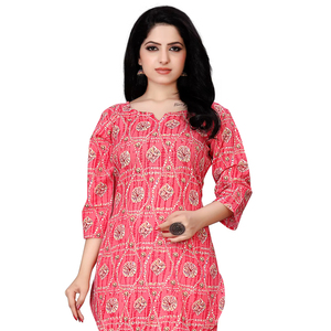 Conjunto de kurta rosa estampada de alta demanda, marca Magic, cuello redondo, fabricante de ropa ecológica para mujer, tallas S a 3XL - Product Image 1
