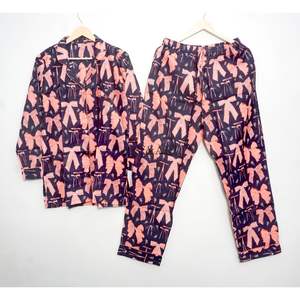 Ensemble de pyjama pour femme, élégant et magnifique, imprimé nœud papillon mignon, 100 % coton, taille élastique, manches longues, longueur complète, motif floral. - Product Image 5