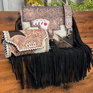 Bolso bandolera de cuero hecho a mano con flecos y bolso de hombro de piel de vaca, tarjetero de cuero, conjunto de cartera para mujer - Product Image 4