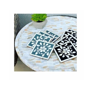 Handmade Tea <b>Coaster</b> Set of 4 Mother of Pearl Floral Pattern Bone Inlay on Glass with Holder for Drink Coffee Table - Product Image 2