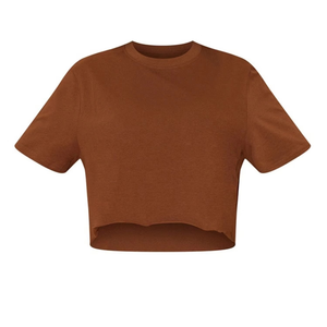 T-shirt décontracté en maille à manches courtes et col rond pour femme, couleur unie, coupe classique, marron, printemps-été - Product Image 3
