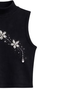 เสื้อกล้ามคอสูงสีดำแบบร่องสำหรับผู้หญิง ตกแต่งด้วยลายดอกไม้ประดับเพชร ไร้แขน เหมาะสำหรับฤดูร้อน ผลิตตามสั่ง - Product Image 3
