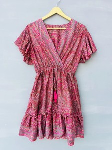 Robe mini en soie faite à la main pour femme, motif Paisley, manches à volants, taille smockée, imprimé élégant, tenue de vacances bohème, taille unique, plage - Product Image 4