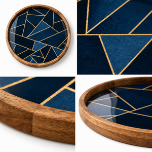 Plateau de service rond en bois fait main avec incrustation dorée et mosaïque géométrique en émail bleu – Vente en gros, personnalisable OEM/ODM - Product Image 3