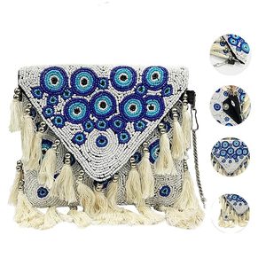 Bolso de Hombro Cuadrado Hecho a Mano con Cuentas, Patrón Circular Azul, Borlas Bordadas, Bolso de Mujer para Regalos de Boda - Hecho a Mano en India - Product Image 3