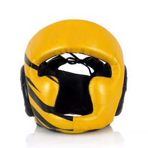 Protège-tête de boxe en cuir PU jaune avec bandes noires, fermeture à cliquet, équipement de protection pour adultes, usage sportif unisexe - Product Image 1