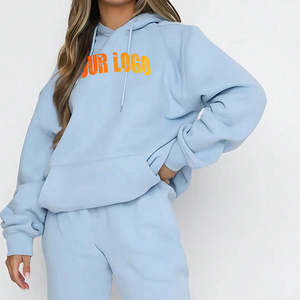 Conjunto Deportivo para Mujer, Azul Claro, con Capucha, 100% Algodón, Corte Holgado, Sudadera y Pantalones Casuales, Estampado Frontal con Letras, Ropa de Otoño - Product Image 6