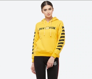 Women Yellow Hooded Sweatshirt With Letter Print And Striped Sleeves Regular Fit Breathable Cotton Autumn Wear - Product Image 1