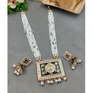 Fancy Long Gold Plated <b>Necklace</b> and Earrings <b>Set</b> with Imitation Pearl and Moissanite for <b>Indian</b> Wedding and Party Wear Women - Product Image 2