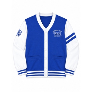 Cárdigan Universitario de la Universidad Estatal de Tennessee, Azul y Blanco, Mangas en Contraste, Logotipo Bordado, Cuello en V, Manga Larga, Estilo Preppy - Product Image 1