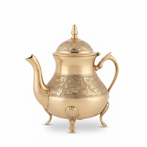 Bouilloire à thé en laiton doré avec motif floral en relief, style oriental, pieds trépieds, finition polie pour la décoration de la maison, de l'hôtel, du café - Product Image 1