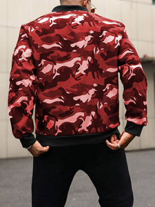 Blouson bomber camouflage rouge pour homme, fermeture éclair, coupe décontractée, coupe-vent, polyester, col rabattable, coupe régulière, style automne - Product Image 2