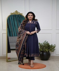 Women's Navy Blue Cotton Salwar Kameez Set Traditional Ethnic Wear Ankle-Length Regular Fit Party Quick Dry Wrinkle Free India - Product Image 1