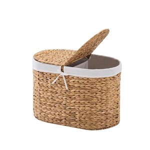 Cesto Portabiancheria Ovale con Coperchio in Giacinto d'Acqua Naturale Intrecciato a Doppio Strato, Manici in Bambù e Metallo, Tessuto in Vimini per Conservazione Vestiti - Product Image 1