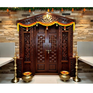 Custom Made Traditional Devghar Door with Heavy Peacock Carving South Indian Style Wooden Pooja Room Door with <b>Elephant</b> Pillars - Product Image 3