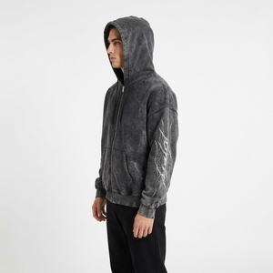 Sweat à capuche vintage oversize en molleton avec fermeture éclair quart de tour, mélange polyester/coton, coupe ample personnalisée, lourd, délavé à l'acide, impression numérique, hiver - Product Image 4