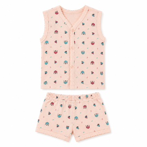 Pink Pure Color Cotton Knitted V-Neck Long Sleeves <b>Top</b> with Shorts Set Summer Formal Unisex Casual Wear - Product Image 1