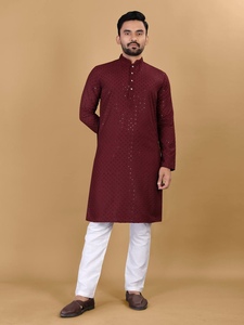 DESIGNER COTTON EMBROIDERY WITH SEQUENCE WORK <b>MENS</b> <b>KURTA</b> PAJAMA MAROON 72232 - Product Image 1
