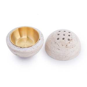 Travertine Stone Incense Burner Holder with Brass Bowl Sphere Lid Aromatherapy Diffuser Meditation Home Decor <b>Gift</b> Premium - Product Image 1