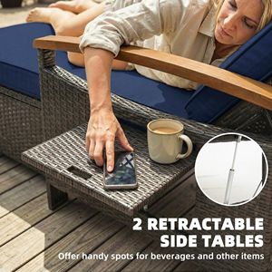 Lettino da Esterno Regolabile in Rattan con Schienale a 4 Livelli, Divano Letto da Patio Blu Navy con Pouf Contenitore e Braccioli in Legno di Acacia - Product Image 6