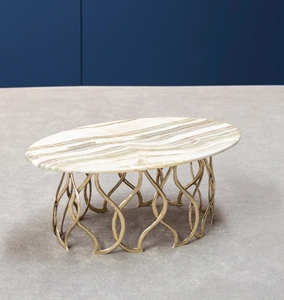 Mesa de centro redonda de diseño premium con base de plinto en oro cepillado, funciona como una elegante mesa de centro de lujo. - Product Image 6