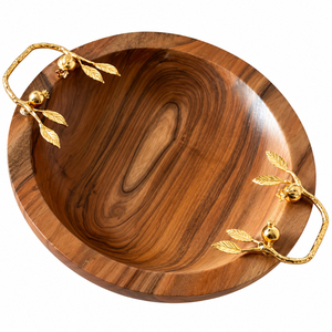 Bol de service en bois avec poignées en métal doré, bol rond écologique pour fruits et salades, idéal pour hôtels et restaurants, prix abordable - Product Image 1
