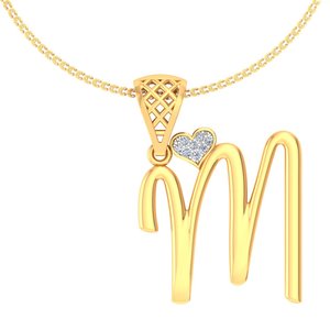 Pendentif initial M en or jaune avec breloque cœur en diamant, style classique, unisexe, à porter au quotidien - Product Image 2