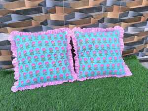 Block <b>Printed</b> Frill Pillow Cover Ruffle <b>Cushion</b> Cover Cotton Decorative Throw Pillow Accent Bedroom Decor Style Pillow Covers - Product Image 1