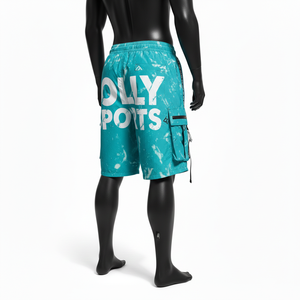 Shorts cargo pour femmes en nylon et élasthanne doux 210 GSM, imprimé graphique turquoise, plusieurs poches, logo personnalisé par transfert thermique - Product Image 5