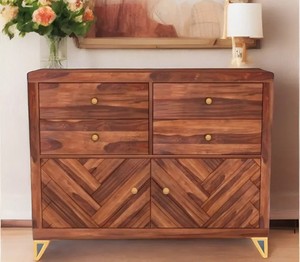 Mid-Century Modern Solid Wood <b>Sideboard</b> | Chevron Pattern Accent Cabinet with Gold Legs | Wholesale Living Room Home Furniture - Product Image 4