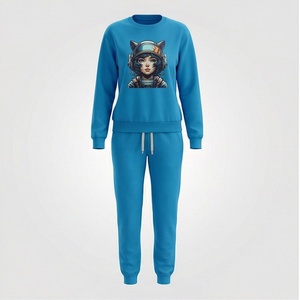 Women's Blue 2 Piece Sweatshirt Set With <b>Cat</b> Astronaut Print Casual Knitted Long Sleeve Crew Neck Full Length Joggers Regular - Product Image 1