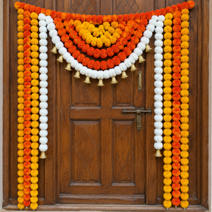 Orange Yellow <b>White</b> Marigold Garland Toran with Golden Bells Festive Door <b>Hanging</b> for Wedding Diwali and Home Decor Entrance - Product Image 1