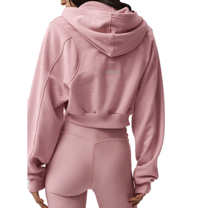 Conjunto de Sudadera Corta con Capucha de Felpa Francesa y Pantalones Cortos de Compresión para Mujer, Conjunto de 2 Piezas, Ropa Deportiva de Mezcla de Algodón, Atuendo de Gimnasio, Personalizado OEM - Product Image 2
