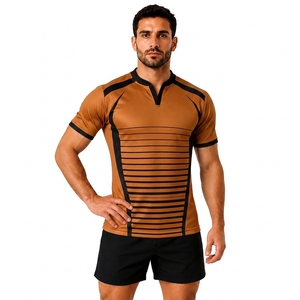 Maillot de rugby à manches courtes rayé marron pour homme, col en V, respirant, ajusté, pour les sports d'équipe et l'entraînement - Product Image 1