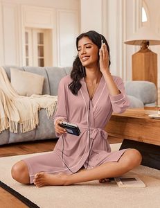 Women's Pink Solid Color Wrap <b>Robe</b> With 3/4 Sleeves And Belt For Home Wear Adult Size - Product Image 6