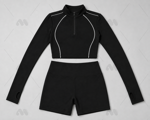 Ensemble de yoga 2 pièces pour femme, noir uni, haut court à manches longues avec quart de zip, short taille haute, bordure contrastante, sans couture, respirant - Product Image 6