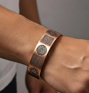 Pure Copper Vintage <b>Engraved</b> Astrological Calendar Seal Open Cuff <b>Bangle</b> Bracelet Carved Ancient Geometric Emblem - Product Image 4