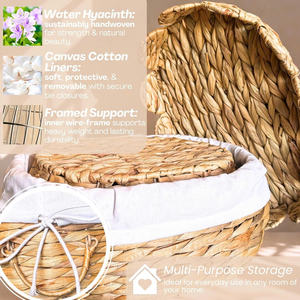 Juego de 2 Cestas Redondas de Mimbre con Tapas Festoneadas, Asas y Forros Extraíbles - Cestas Decorativas Tejidas a Mano de Jacinto de Agua - Product Image 6