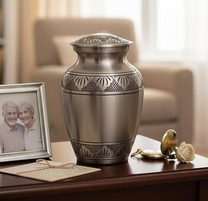Urne funéraire unique en aluminium pour cendres humaines d'adultes, fabriquée par un fabricant fiable, avec une finition décorative élégante et artisanale - Product Image 2