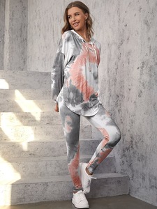 Womens <b>Tie</b> <b>Dye</b> Hoodie Tracksuit | High Low Side Slit Pullover & Leggings <b>Set</b> | Two Piece Stretch Loungewear Gym Co Ord Suit - Product Image 4